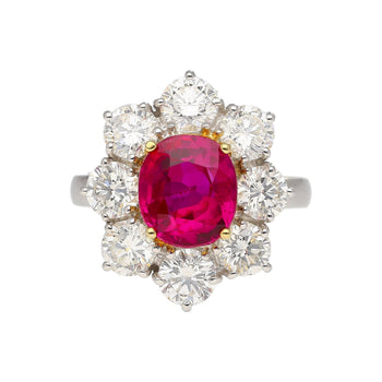 Bague en platine avec rubis de Birmanie taille ovale de 3,80 carats, sans chauffe, halo de diamants ronds – Assay Jewelers