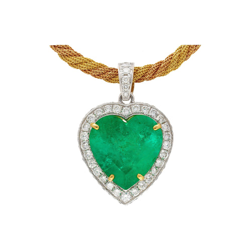 44 Carat Heart Shaped Emerald Pendant with Round Cut Diamond Halo in 18K Gold Necklace