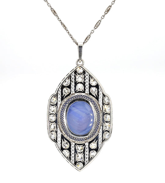 45 Carat Star Sapphire Ceylon No Heat Blue Art Deco Pendant