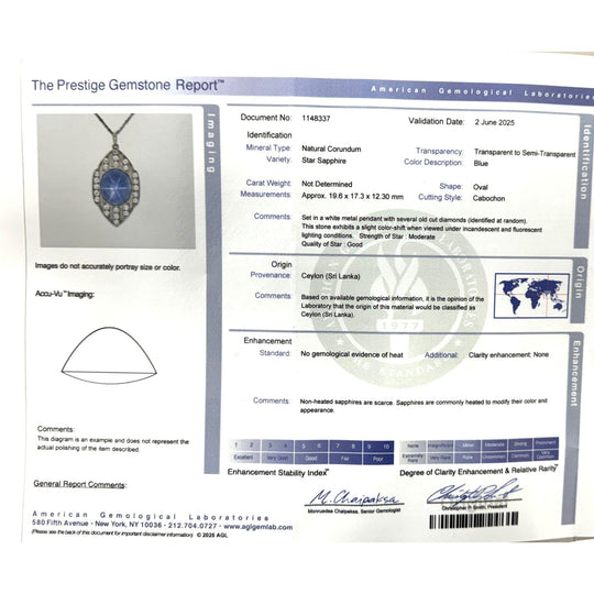 45 Carat Star Sapphire Ceylon No Heat Blue Art Deco Pendant