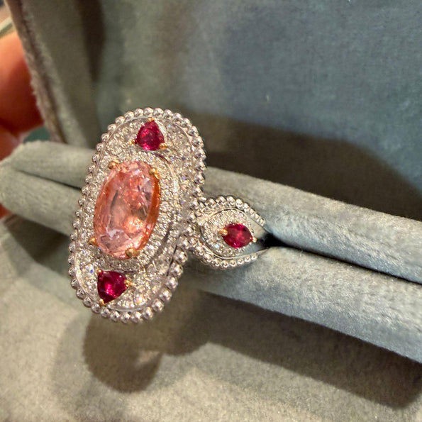 4.05 Carat Padparadscha Sapphire No Heat Sri Lanka With Ruby and Diamond Ring