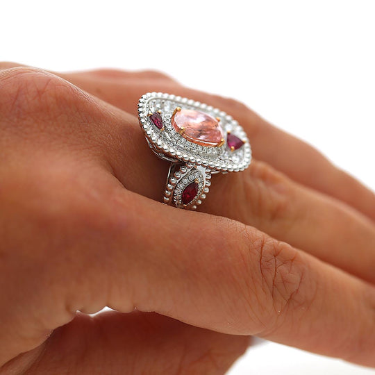 4.05 Carat Padparadscha Sapphire No Heat Sri Lanka With Ruby and Diamond Ring