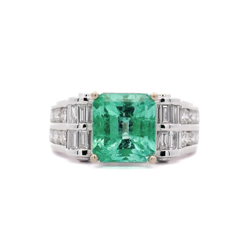 4.17 Carat Colombian Emerald & Diamond Unisex 14K White Gold Ring