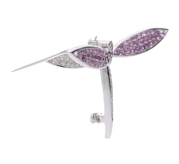 4.29 Carat Pink Sapphire & Diamond 18K White Gold Dragonfly Brooch Pin Pendant