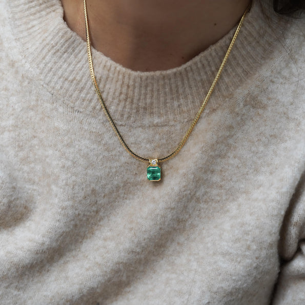 4.36 Carat Colombian Emerald Half Bezel 18K Gold Pendant Necklace