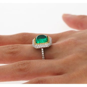 4.49 Carat Sugarloaf Cabochon Cut Colombian Emerald and Diamond Halo Ring in 18k White Gold – Assay Jewelers