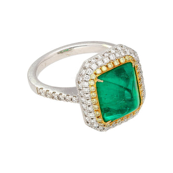 4.49 Carat Sugarloaf Cabochon Cut Colombian Emerald and Diamond Halo Ring in 18k White Gold – Assay Jewelers