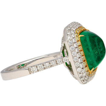 4.49 Carat Sugarloaf Cabochon Cut Colombian Emerald and Diamond Halo Ring in 18k White Gold – Assay Jewelers