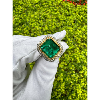 4.49 Carat Sugarloaf Cabochon Cut Colombian Emerald and Diamond Halo Ring in 18k White Gold – Assay Jewelers