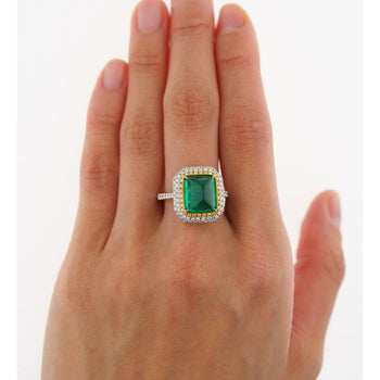 4.49 Carat Sugarloaf Cabochon Cut Colombian Emerald and Diamond Halo Ring in 18k White Gold – Assay Jewelers