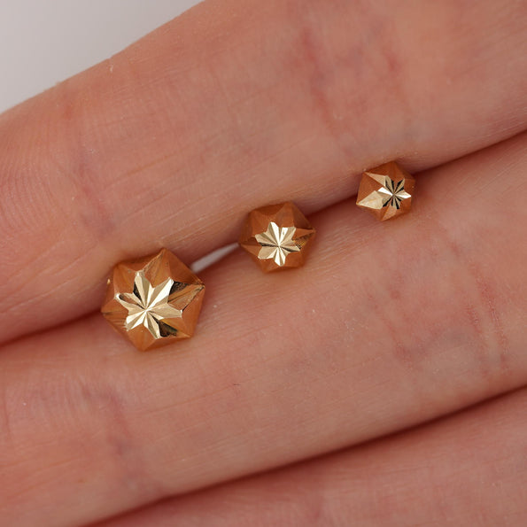 4mm 14K Gold Diamond Cut Hexagon Stud Earrings On Screw Back