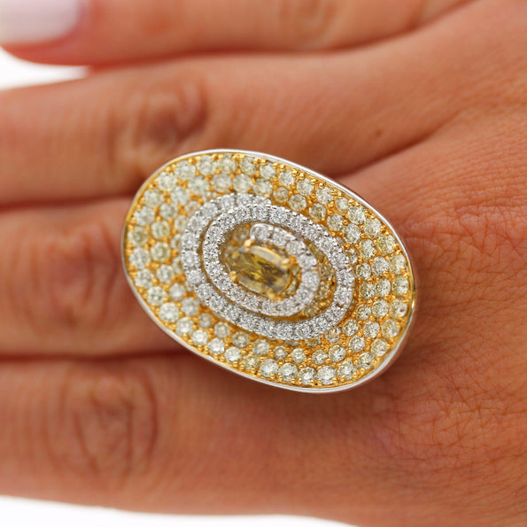 5 Carat Fancy Brown & Yellow Diamond Pave 18K Gold Tilted Shield Ring