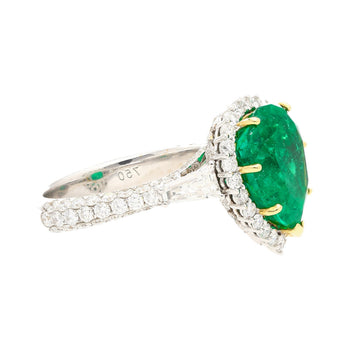 5.12 Carat Pear Cut Colombian Emerald Ring with Baguette Diamond Sides in 18K Gold – Assay Jewelers