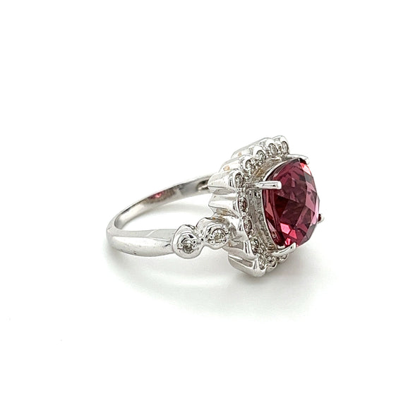 5.20 Carat Cushion Checkerboard Cut Pink Tourmaline & Diamond Ring in 18K White Gold