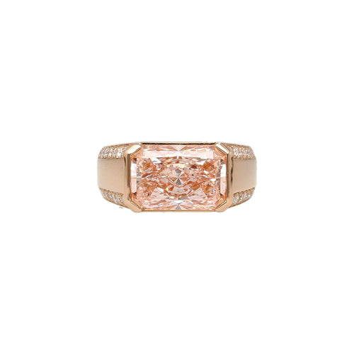 5.28 Carat Radiant Cut Vivid Pink Lab Diamond East West Half Bezel Ring