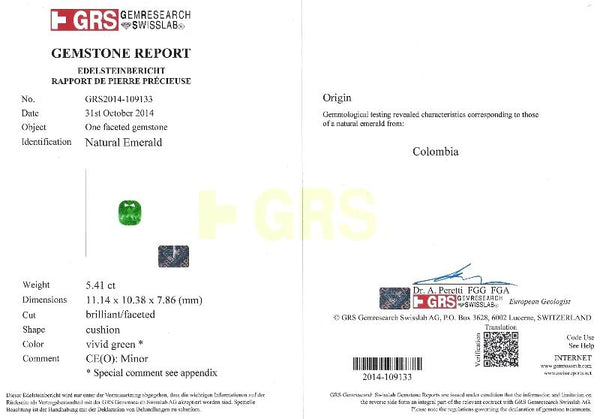 5.41 Carat Vivid Green Colombian Muzo Emerald & Old Euro Diamond 3 Stone Ring