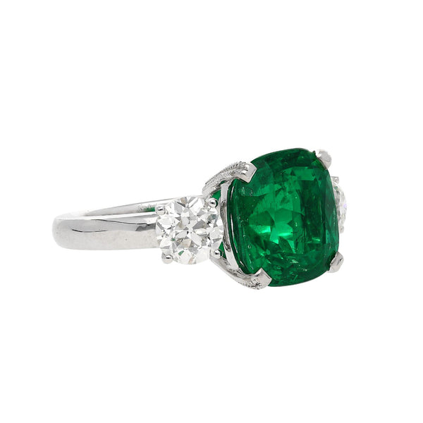 5.41 Carat Vivid Green Colombian Muzo Emerald & Old Euro Diamond 3 Stone Ring