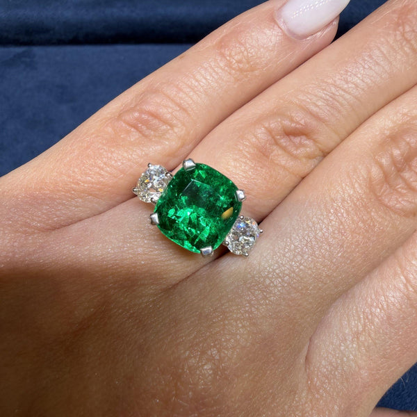 5.41 Carat Vivid Green Colombian Muzo Emerald & Old Euro Diamond 3 Stone Ring
