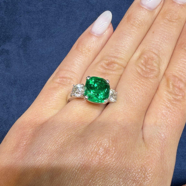 5.41 Carat Vivid Green Colombian Muzo Emerald & Old Euro Diamond 3 Stone Ring
