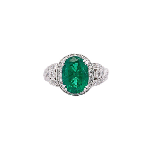 5.5 Carat Oval Cut Emerald & Diamond 18K White Gold Filigree Crossover Ring