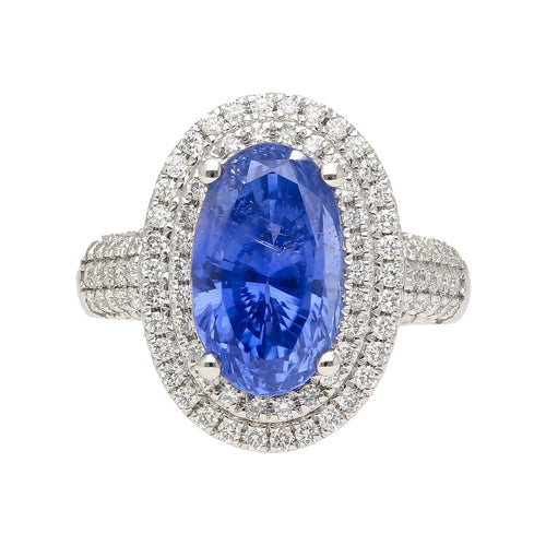 6.34 Carat No Heat Oval Cut Blue Sapphire and Diamond Halo 18K Ring GRS Certified