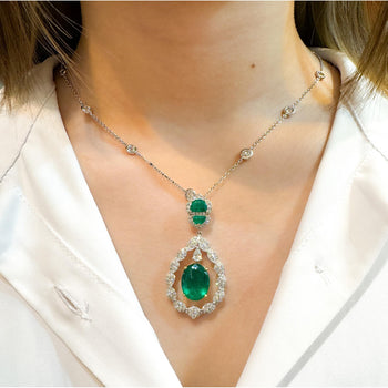 6.42 Carat Oval Emerald Drop & Diamond Halo Pendant Necklace – Assay Jewelers