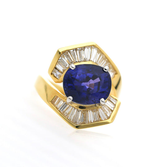 7.18 Carat Color Change Sapphire & Diamond 18K Bypass Ring