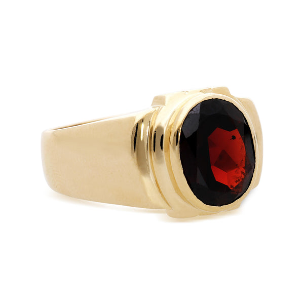 7.50 Carat Oval Checkerboard Red Garnet Bezel 14K Yellow Gold Mens Signet Ring