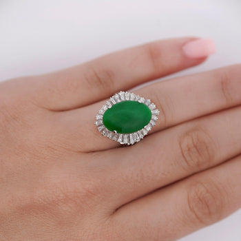 7.50 Carat Untreated Oval Green Jadeite with Baguette Diamonds in Platinum Ring – Assay Jewelers