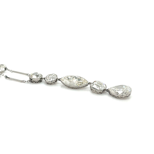 8 Carat TW Art Deco Antique Lariat Y Drop Necklace With Old Euro Cut Pear, Asscher, Marquise, Round & Cushion Cut Natural Diamonds