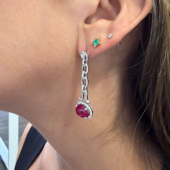 8.05 Carat Oval Cabochon Ruby & Diamond Halo in 18K White Gold Drop Earrings
