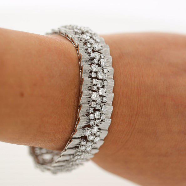8.50 Carat Round Diamond Three-Row 14K White Gold Bark Texture Wide Bracelet