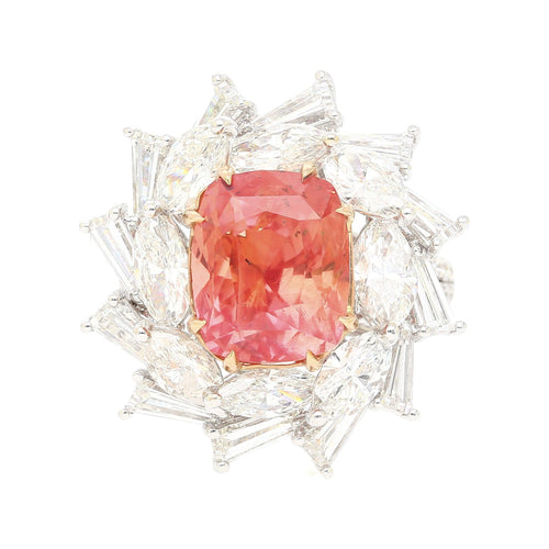 9.10 Carat Ceylon No Heat Padparadscha Pinkish Orange Sapphire and Diamond Ring