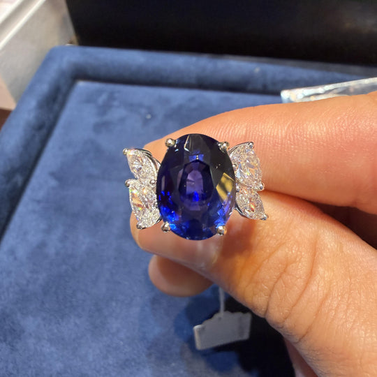 9.5 Carat No Heat Blue Sapphire and Pear Diamond Wing Ring