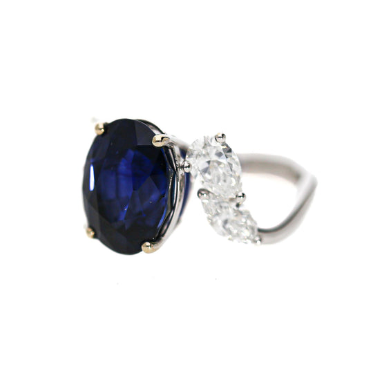 9.5 Carat No Heat Blue Sapphire and Pear Diamond Wing Ring