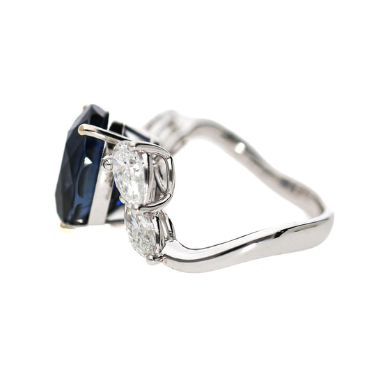 9.5 Carat No Heat Blue Sapphire and Pear Diamond Wing Ring