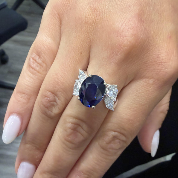 9.5 Carat No Heat Blue Sapphire and Pear Diamond Wing Ring