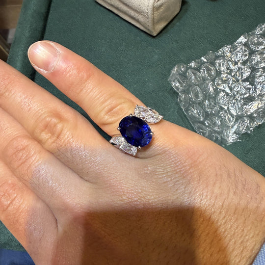 9.5 Carat No Heat Blue Sapphire and Pear Diamond Wing Ring