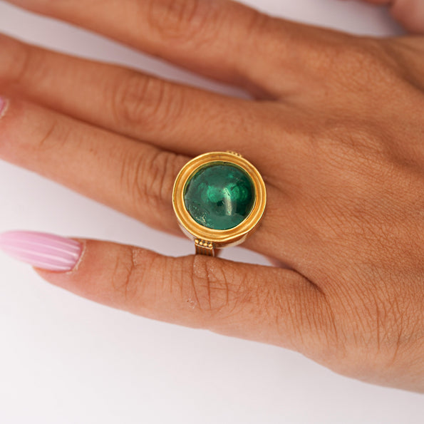 AGL Cert. 10ct Colombian Emerald Cabochon Bezel Gold Egyptian Revival Ring