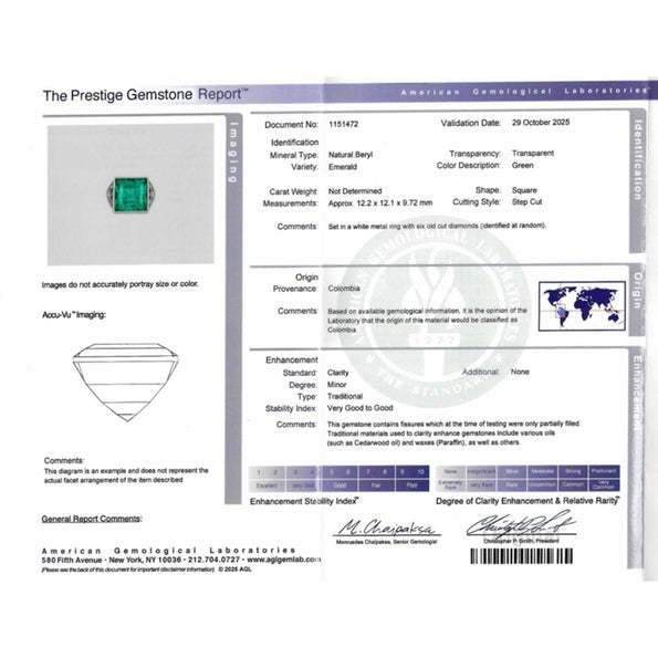 AGL Cert. 12 Carat Colombian Emerald Art Deco Antique Platinum Ring