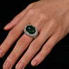 AGL Certified 10 Carat Cabochon Cut Minor Oil Emerald and Diamond Cluster Ring in 18K White Gold