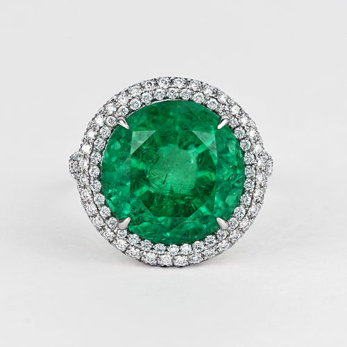 AGL Certified 15 Carat Round Cut Colombian Emerald and Diamond Halo Ring
