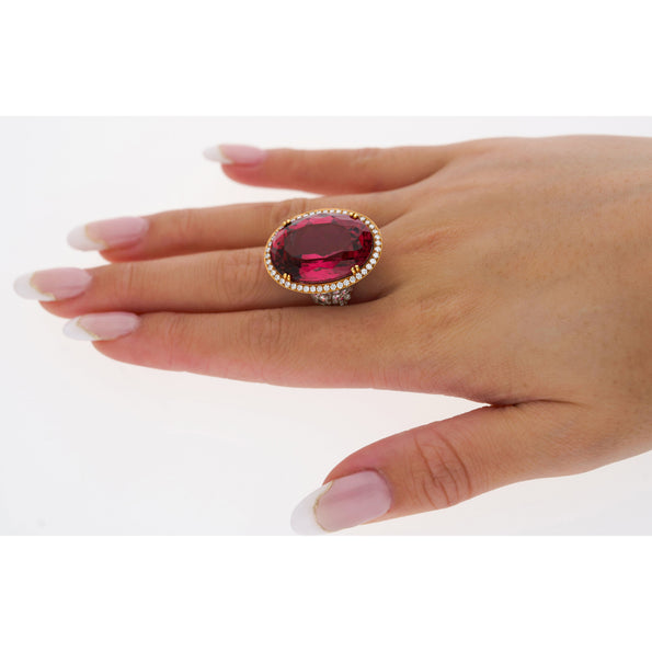 AGL Certified 28.29 Carat No Heat Purplish Pink Tourmaline & Diamond Ring