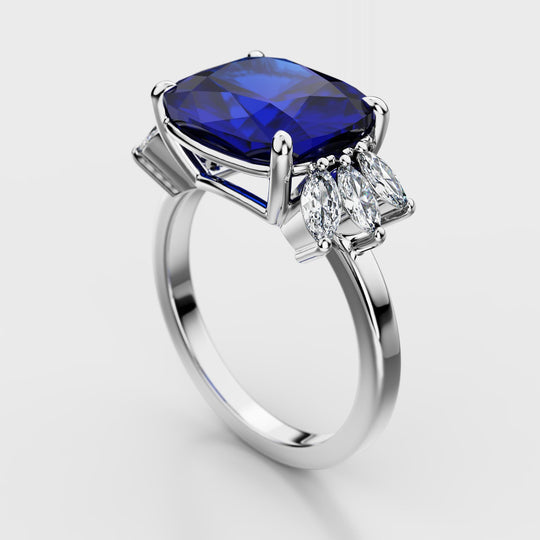 AGL Certified 5.75 Carat Burma No Heat Cushion Blue Sapphire and Diamond Ring