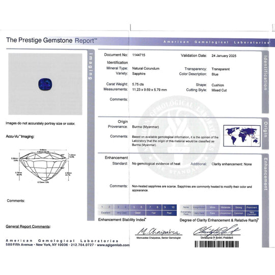 AGL Certified 5.75 Carat Burma No Heat Cushion Cut Blue Sapphire Loose Stone