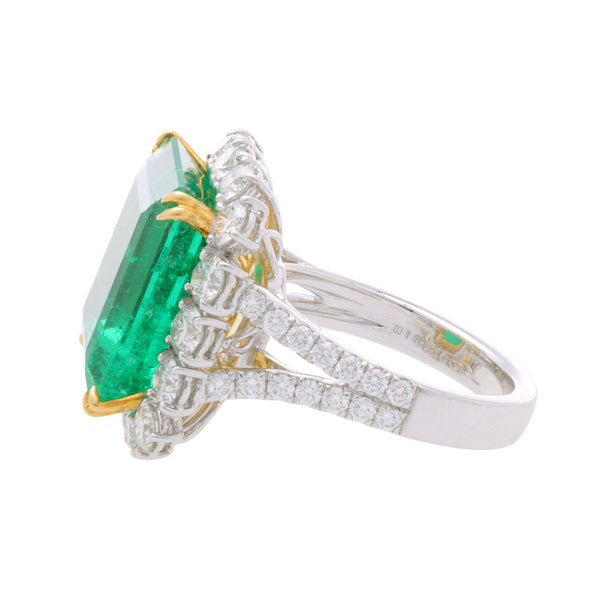 AGL GRS Certified 14.36 Carat Colombian Emerald & Diamond 18K Gold Cocktail Ring