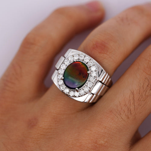 Ammolite & Diamond Halo in 14K White Gold Men's Statement Ring