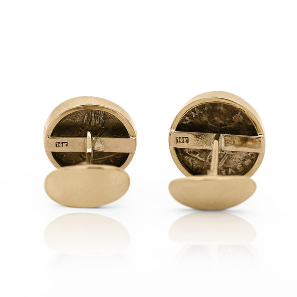 Ancient Roman Coin Cufflinks Of Vespasian and Maiorianus in 14k Gold Frame
