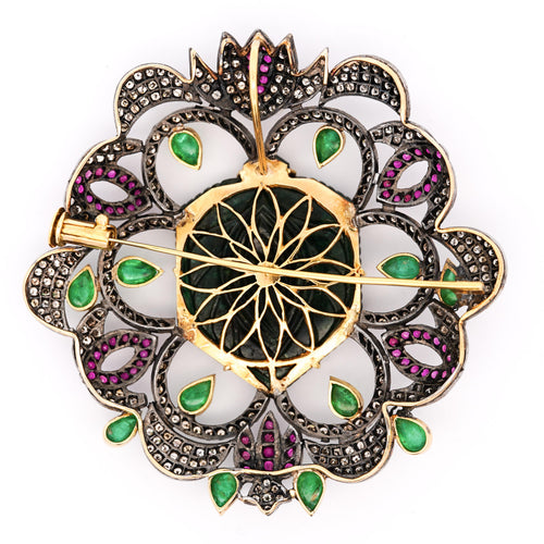 Antique Victorian Carved Jade, Emerald, Ruby, Diamond Gold Pendant or Brooch