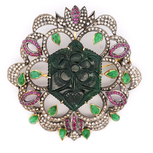 Antique Victorian Carved Jade, Emerald, Ruby, Diamond Gold Pendant or Brooch